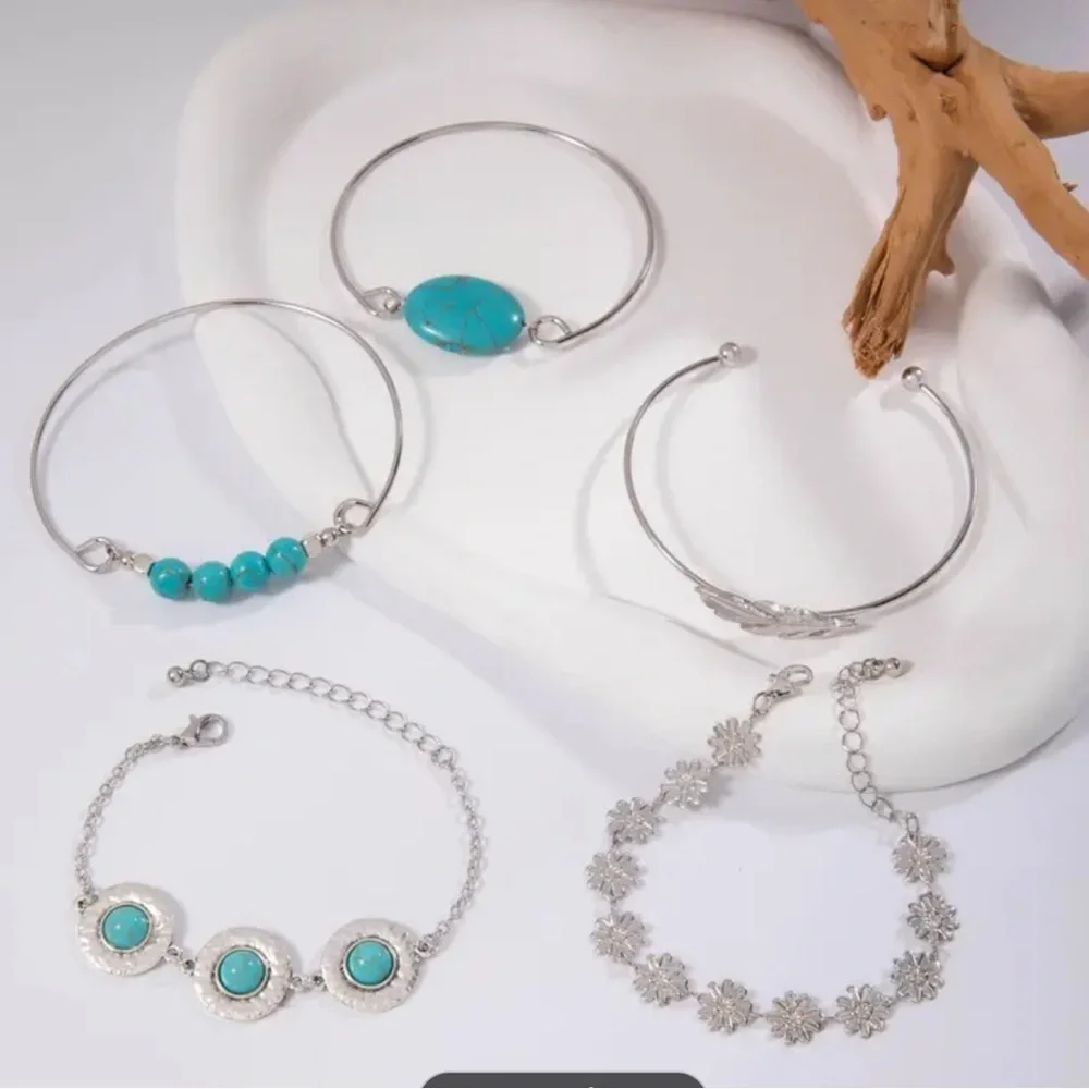 5pcs/Set  Turquoise Inlaid Cuff Bracelets Bohemian‎ Flower & Feather design - Picture 2 of 3
